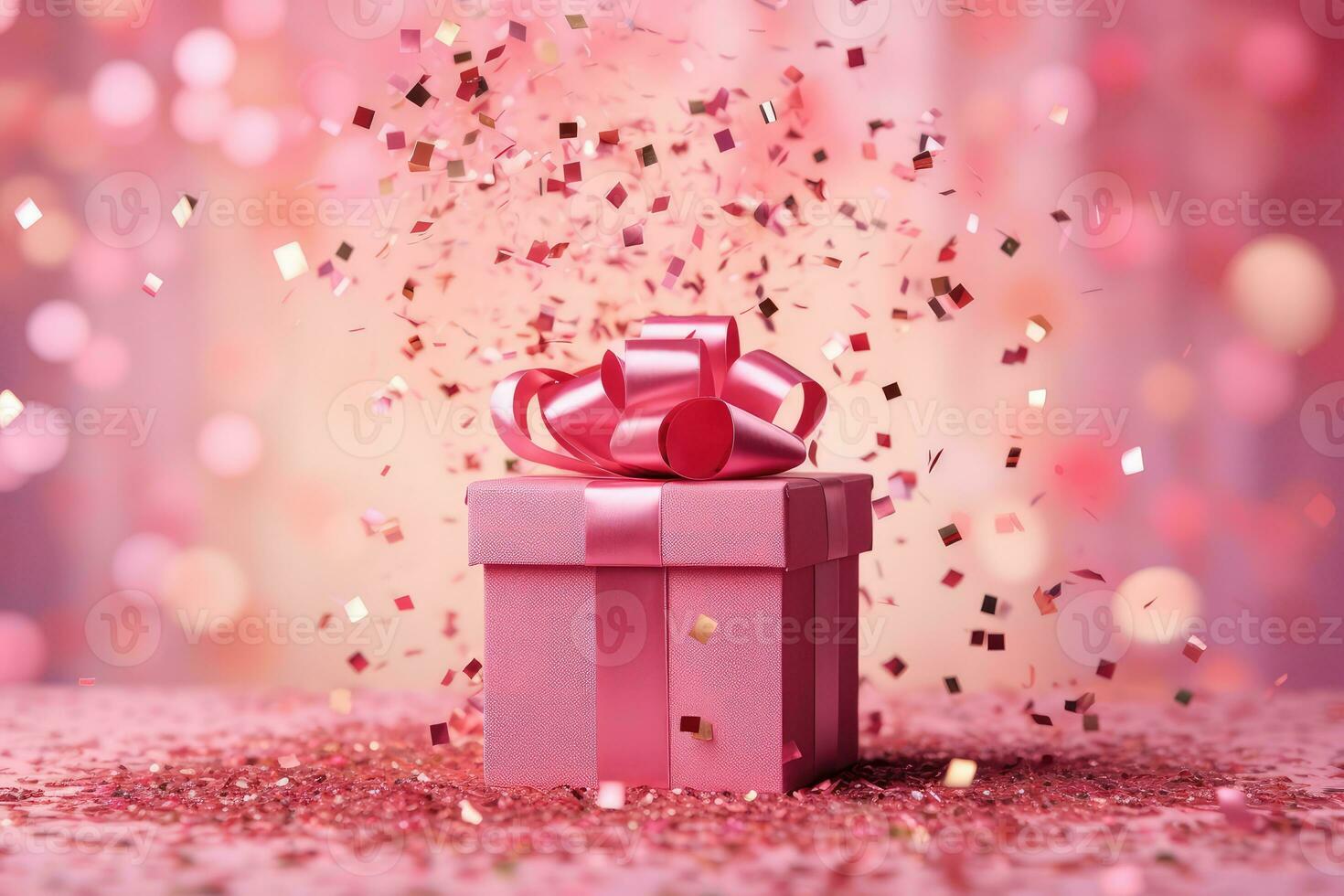 AI generated Pink gift box with a bow on festive glittering bokeh pink background photo