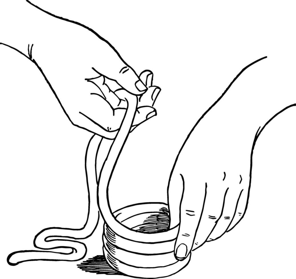 Modeling a clay container is a pair of hands forming a long section of rolled clay, vintage engraving. vector