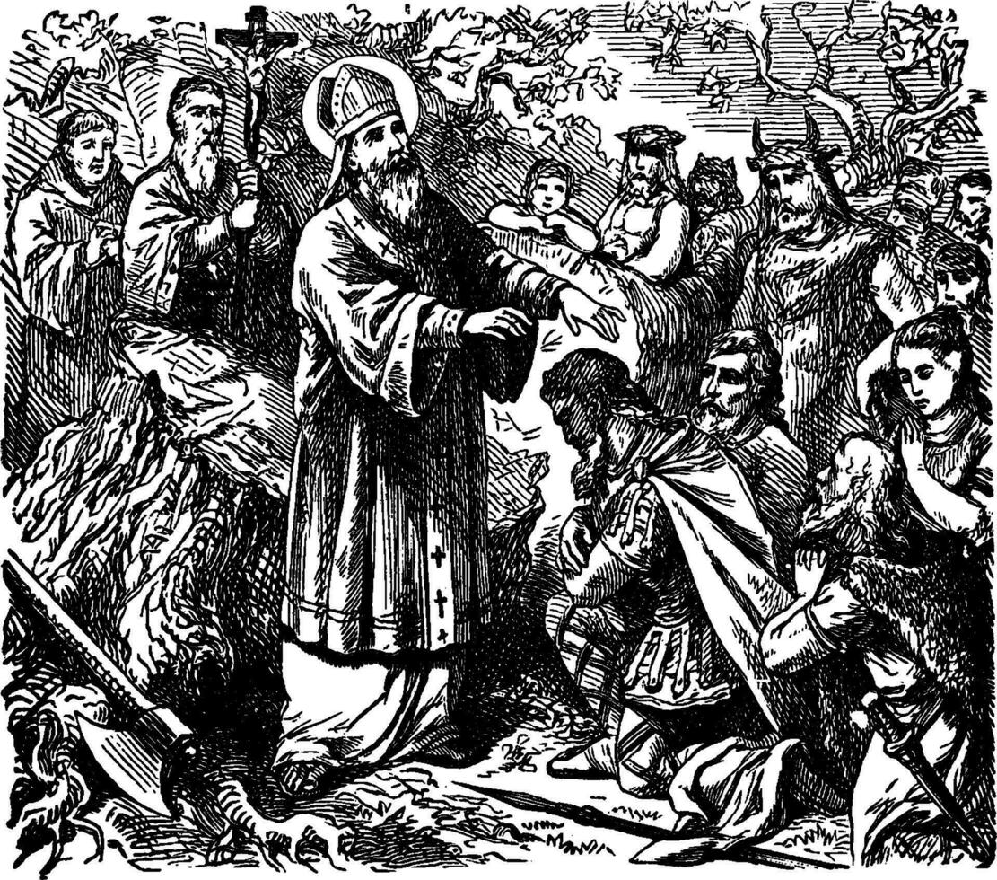 Saint Boniface Converts Many in Germania vintage illustration. vector
