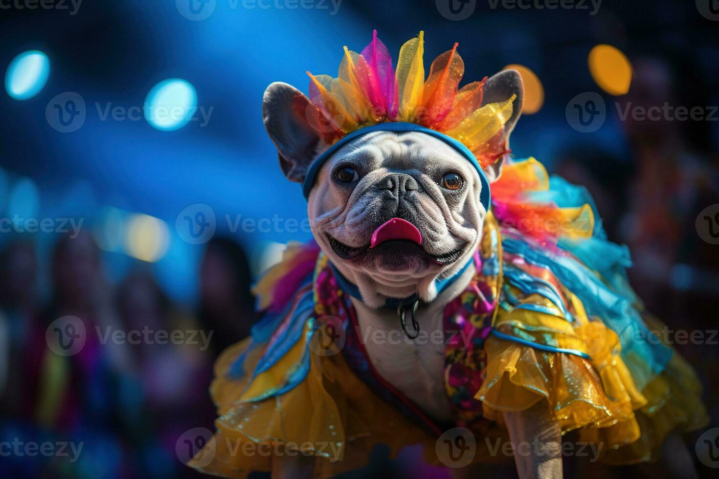 AI generated a french bulldog dressed in colorful costume in the carnival AI Generative photo