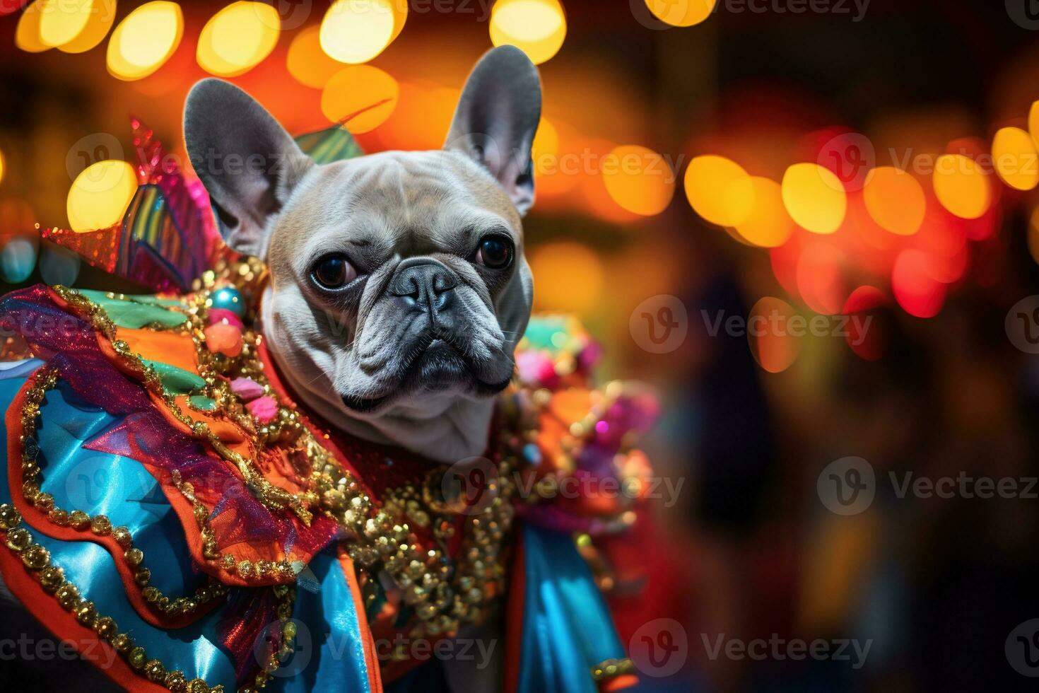 AI generated a french bulldog dressed in colorful costume in the carnival AI Generative photo