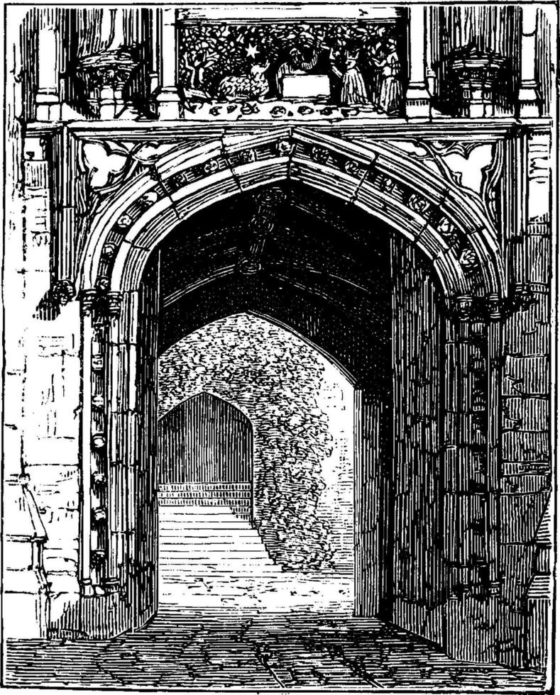 Gate of Merton College, door,  vintage engraving. vector