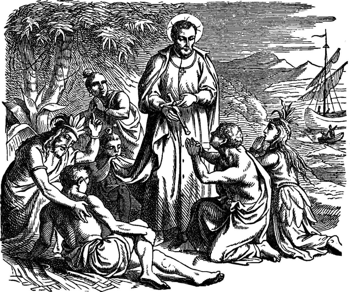 Saint Francis Xavier on the Coast at the Portuguese Settlement of Goa vintage illustration. vector