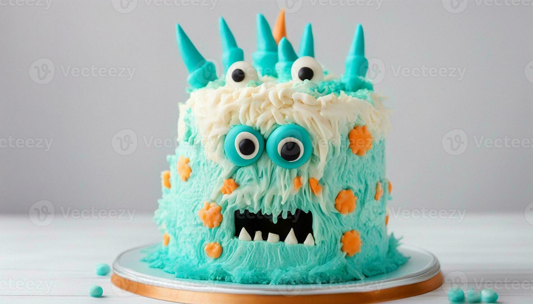 AI generated Monster theme cake on the white background. Birthday cake with turquoise fluffy cream cheese frosting photo