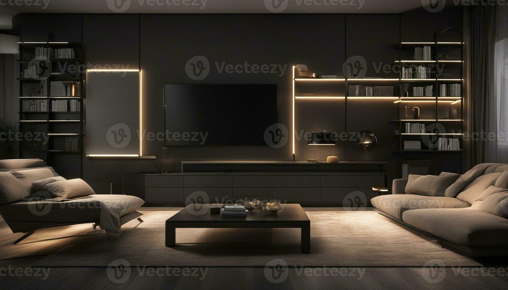 AI generated Interior of dark living room with couch, shelving units and glowing lamps photo