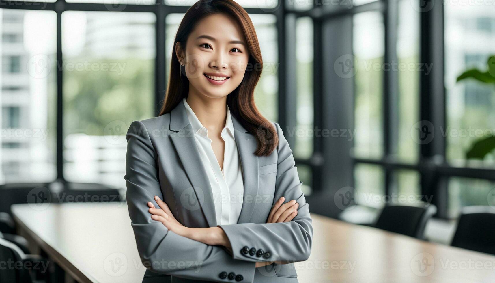 AI generated Young confident smiling Asian business woman leader, successful entrepreneur, elegant photo