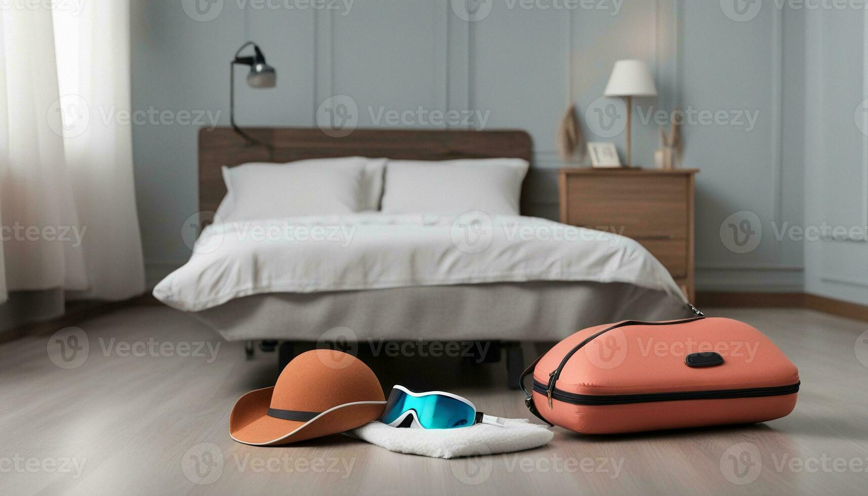 AI generated Travel pillow, sleep mask and suitcase on floor in room photo