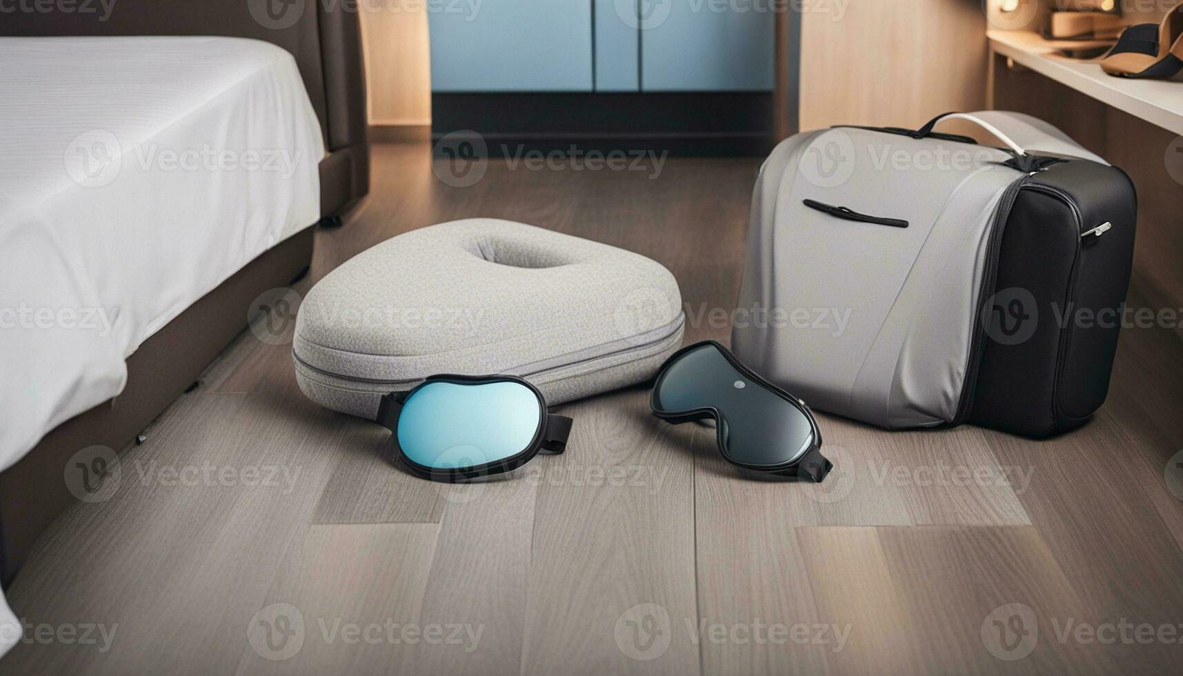 AI generated Travel pillow, sleep mask and suitcase on floor in room photo