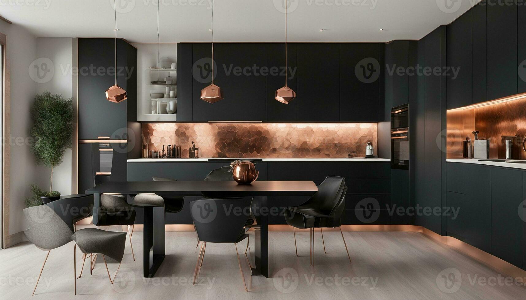 AI generated Panorama of modern kitchen with stylish black cupboards and drawers, copper hexagonal tiles and handles and with new black dining table and two, elegant copper chairs photo