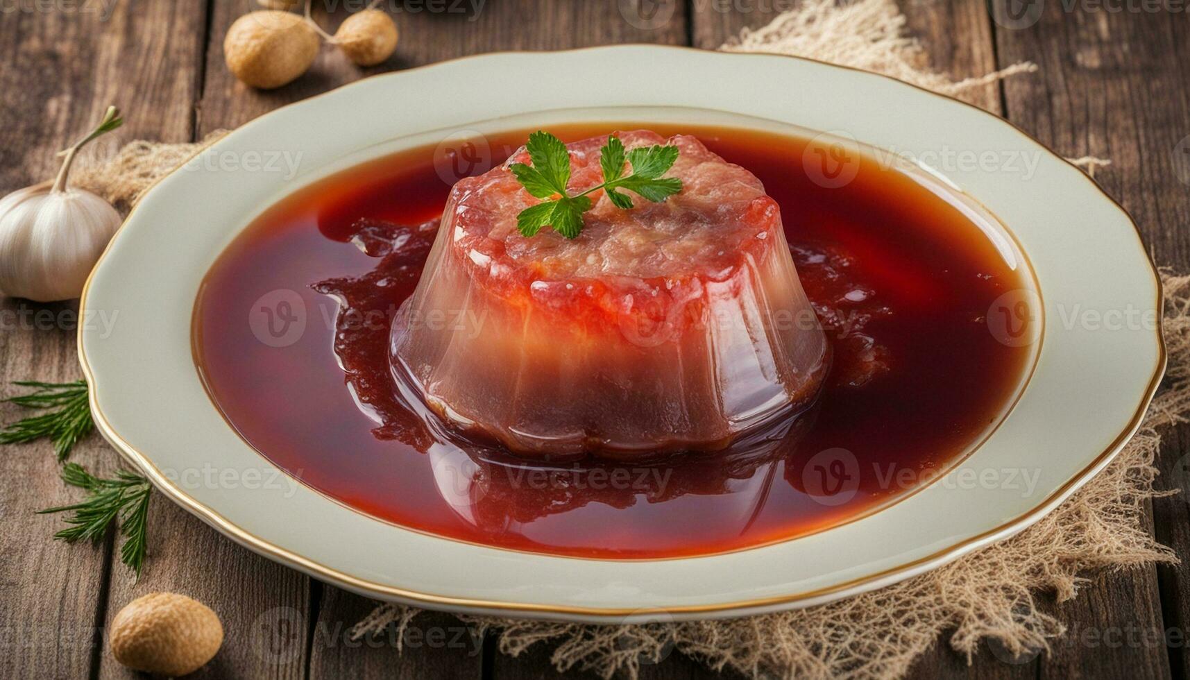 AI generated Jelly with meat, beef aspic, traditional Russian dish, portion on a plate, mustard and horseradish photo