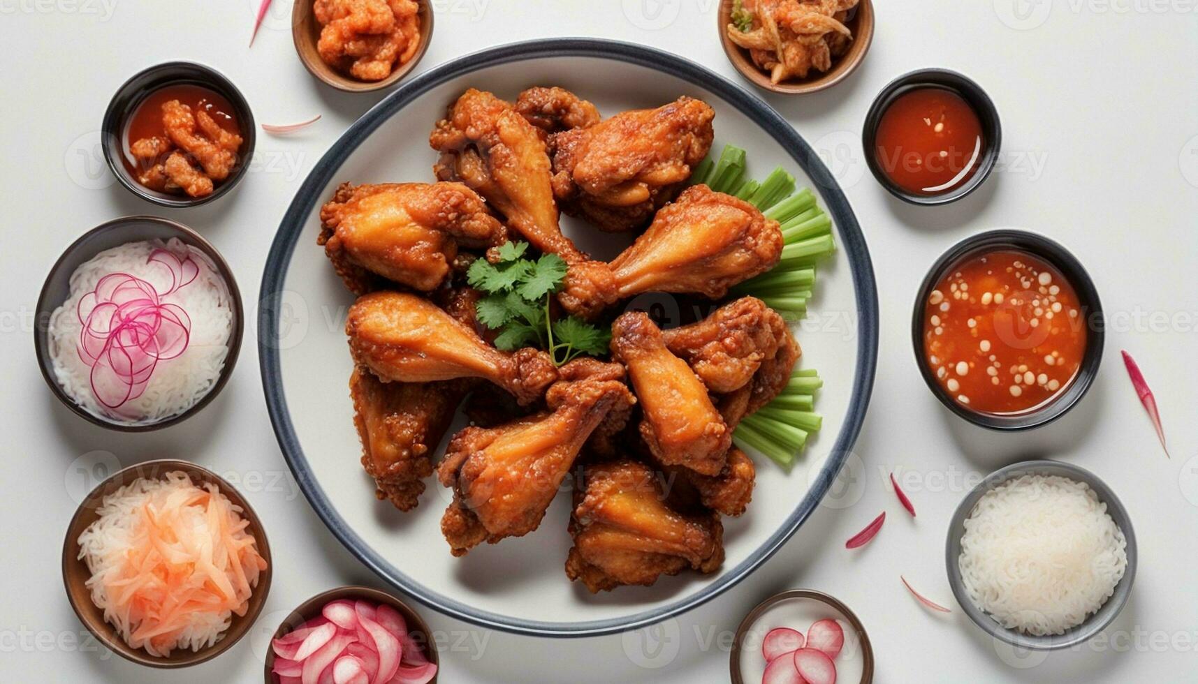 AI generated Deep fried chicken wing plate with garlic sauce in Korean style serve with rice, kimchi and pickled photo