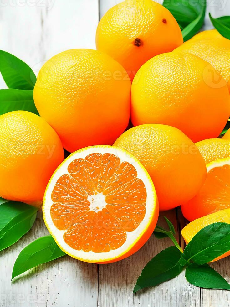 ai generado Fresco naranja y rebanadas con hojas antecedentes vitamina C concepto ai generado foto