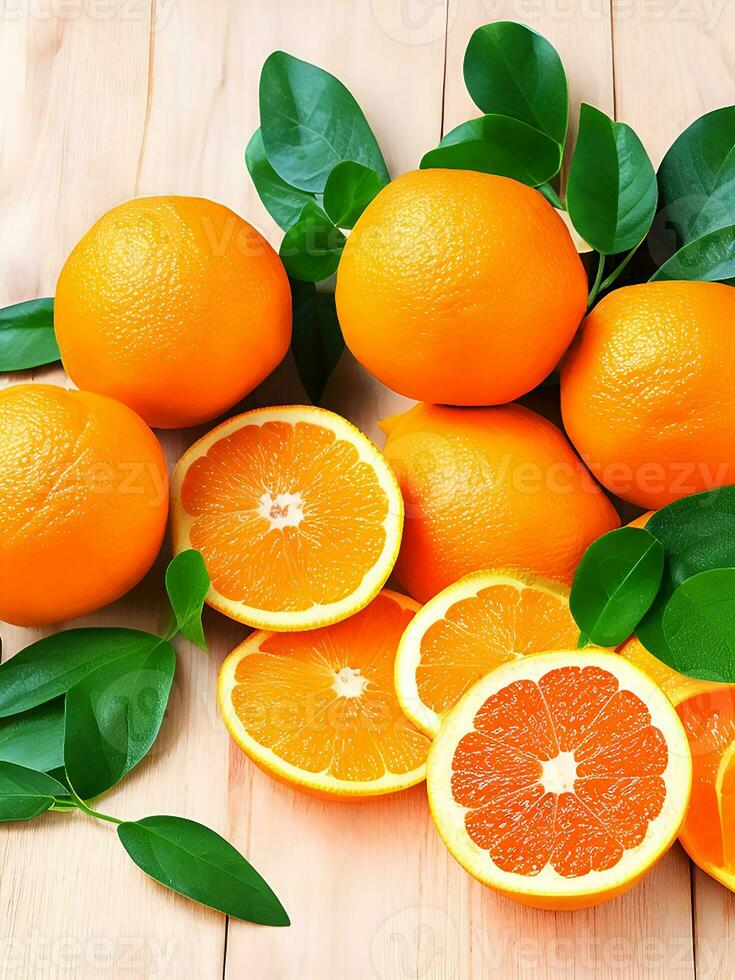 ai generado Fresco naranja y rebanadas con hojas antecedentes vitamina C concepto ai generado foto