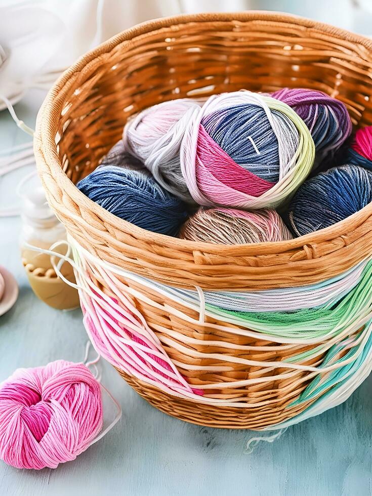AI generated Multi-colored tangles of yarn in a wicker basket on the table. tea in a beautiful white cup. japanese style wabi sabi. home comfort, handicraft. ai generated photo