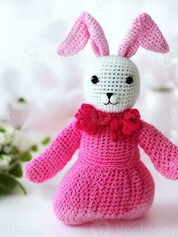 AI generated Knitted rabbit in pink dress. st. valentine's day decor. knitted toy, amigurumi. valentines day greeting card ai generated photo