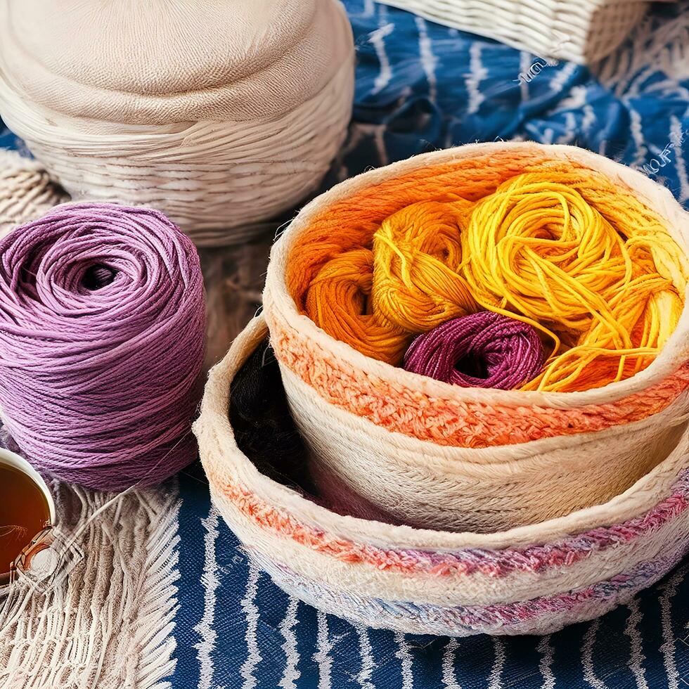 AI generated Multi-colored tangles of yarn in a wicker basket on the table. tea in a beautiful white cup. japanese style wabi sabi. home comfort, handicraft. ai generated photo