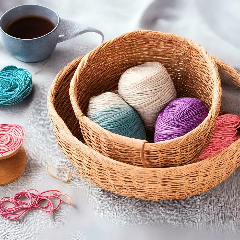 AI generated Multi-colored tangles of yarn in a wicker basket on the table. tea in a beautiful white cup. japanese style wabi sabi. home comfort, handicraft. ai generated photo