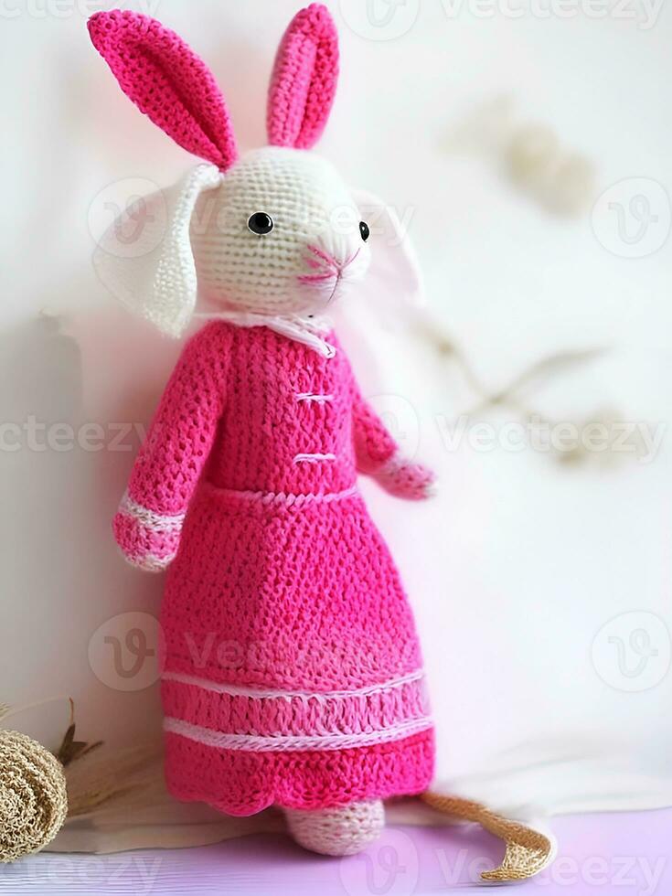 AI generated Knitted rabbit in pink dress. st. valentine's day decor. knitted toy, amigurumi. valentines day greeting card ai generated photo