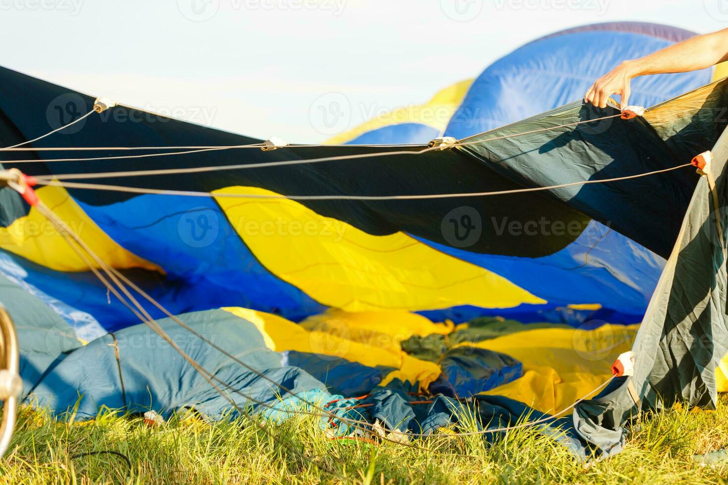 Hot air balloon basket on grass background. This has clipping path. photo