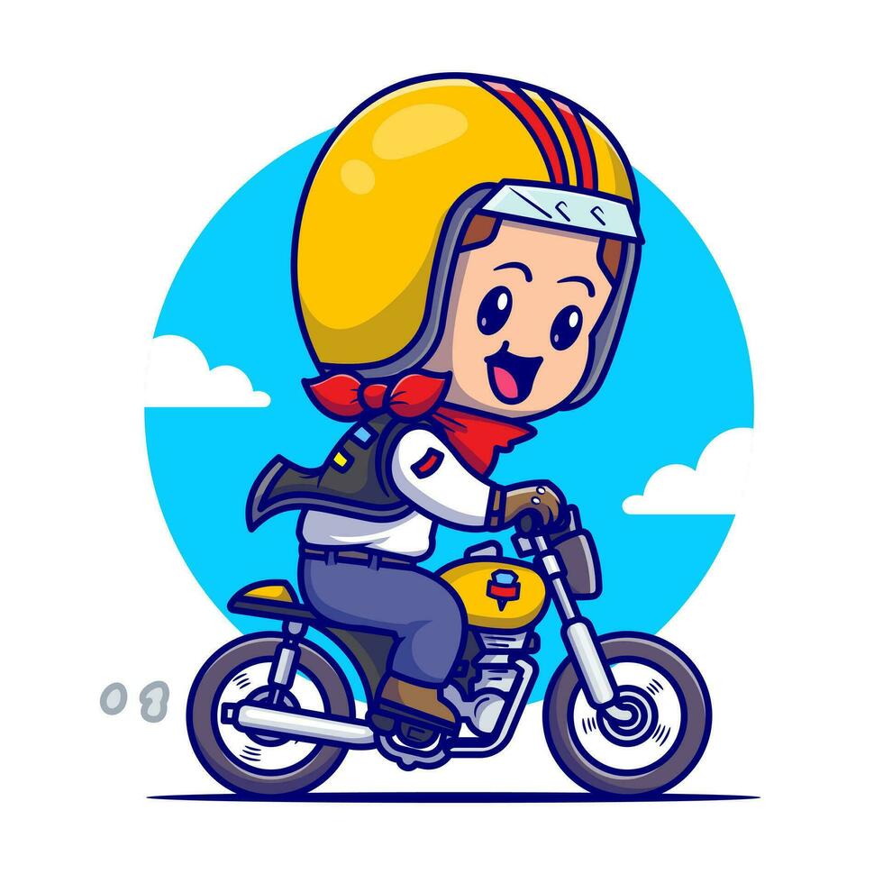 linda chico montando moto dibujos animados vector icono ilustración. personas transporte icono concepto aislado prima vector. plano dibujos animados estilo