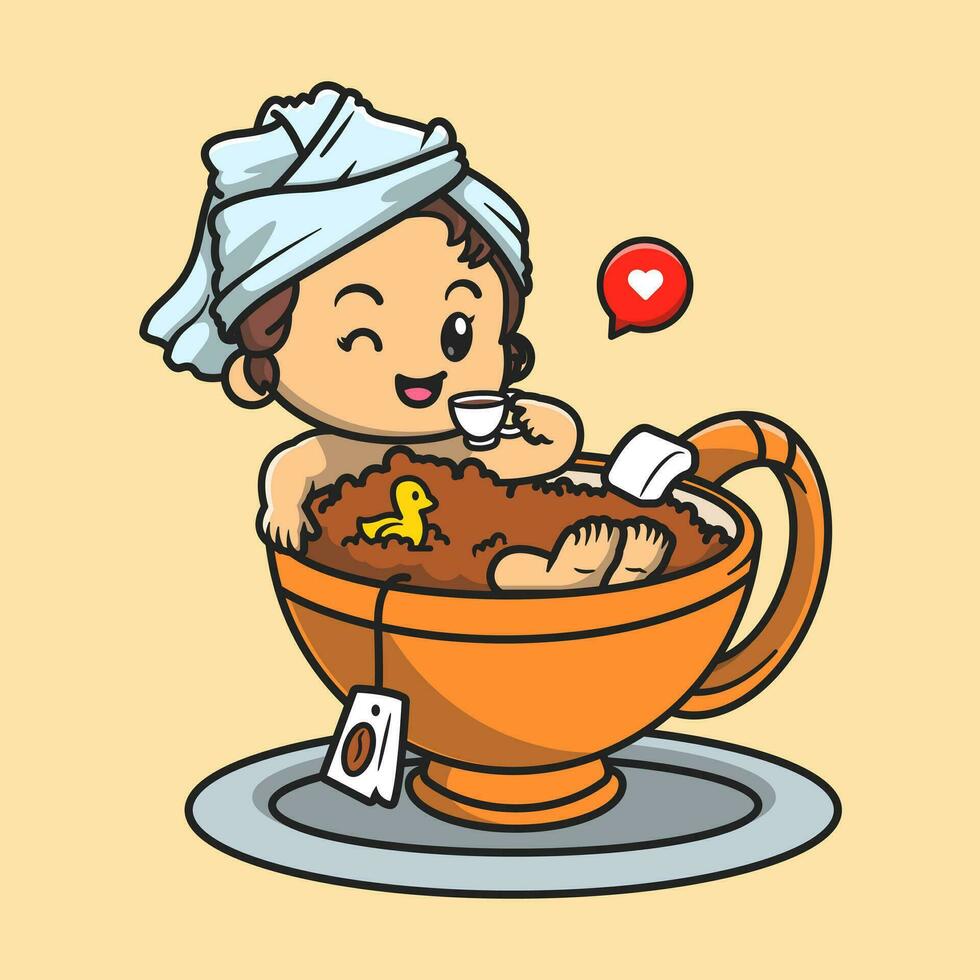 linda niña baños en taza té dibujos animados vector icono ilustración. personas bebida icono concepto aislado prima vectores plano dibujos animados estilo