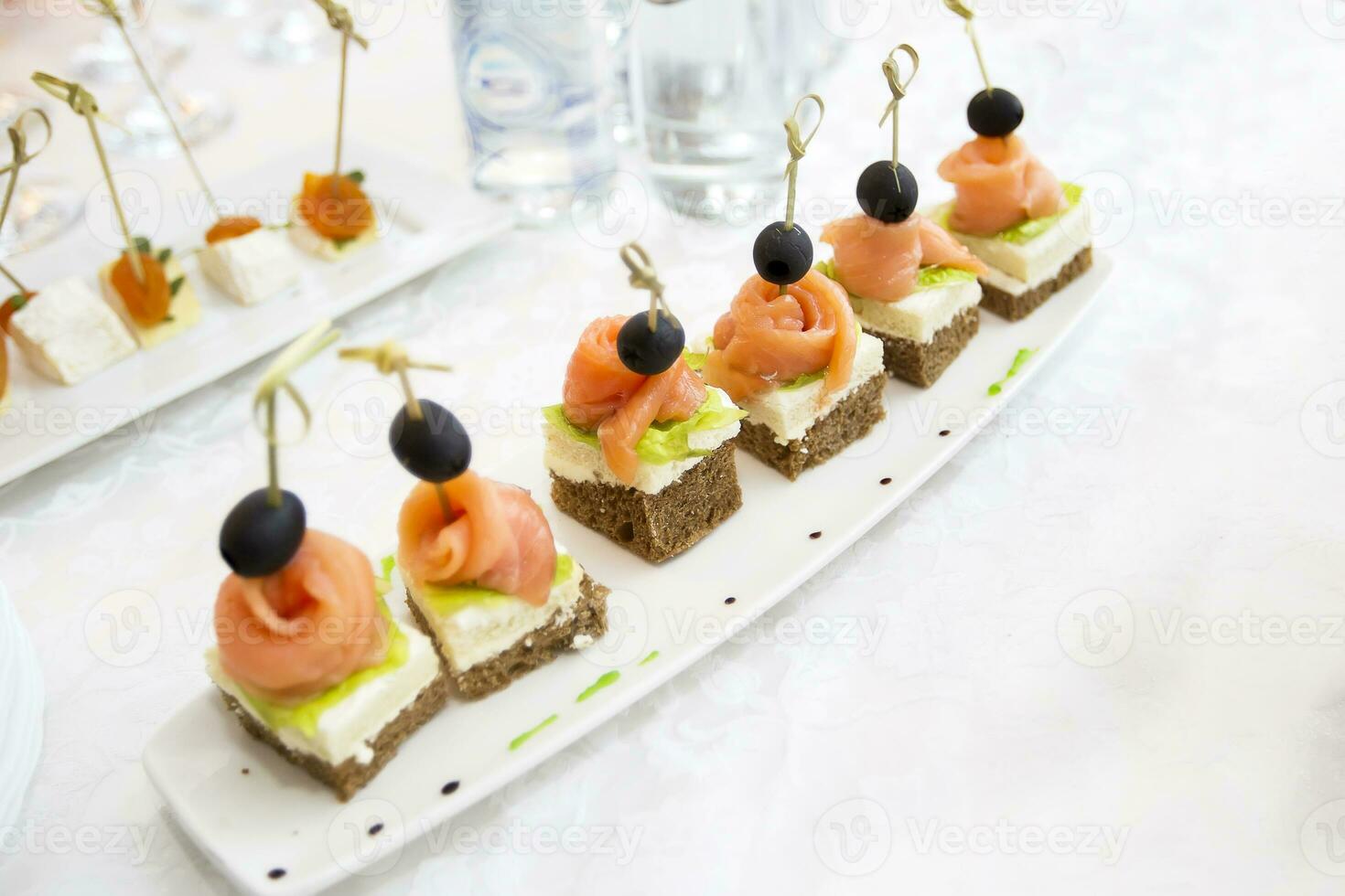Buffet dishes.Canapes on a white plate. Small sandwiches on a stick. Snack of black bread, salmon and salad photo