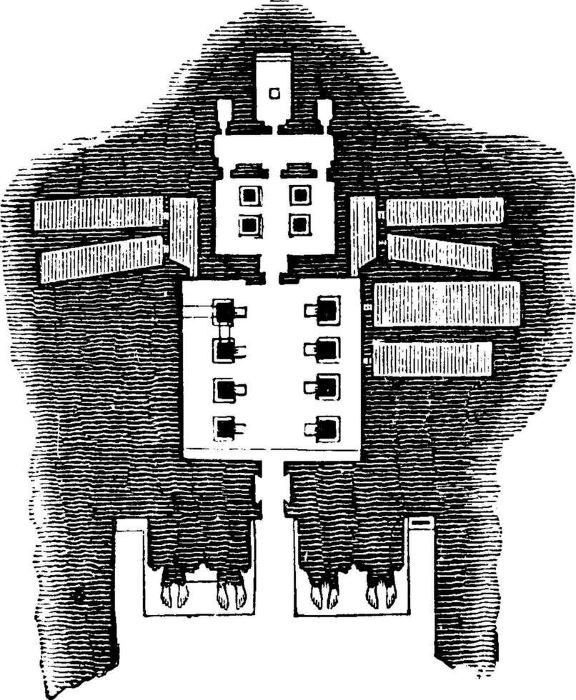 piso plan de el genial templo, abu simbel, Clásico grabado. vector