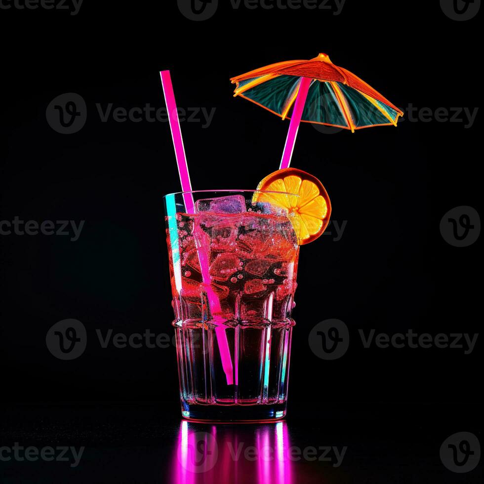 AI generated Cocktail with straw and umbrella. Neon color, 90s style. Vacation, party or holiday photo