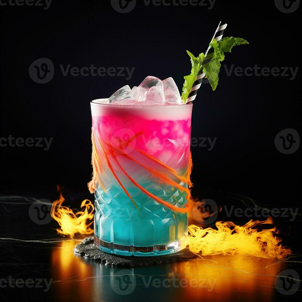 AI generated Cocktail with a straw. Summer aperitif with ice. Neon color, 90s style. Vacation, party or holiday photo