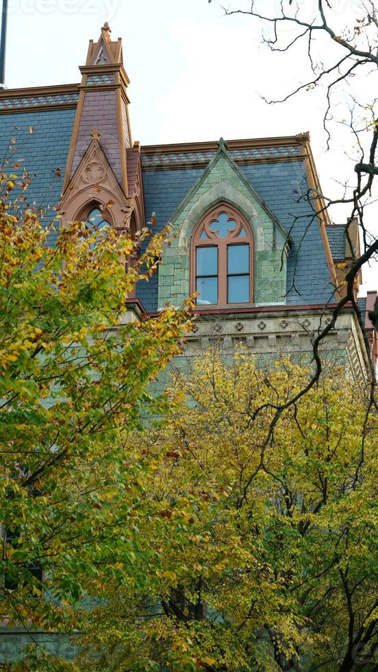 The beautiful campus view with the colorful trees and leaves in autumn photo