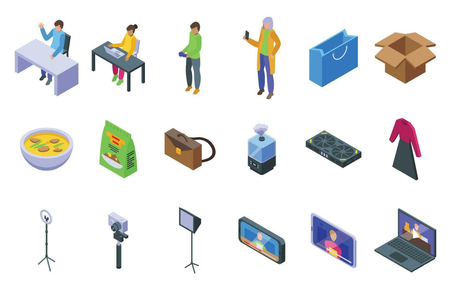 Fitness blogger icons set isometric vector. Instructor online vector