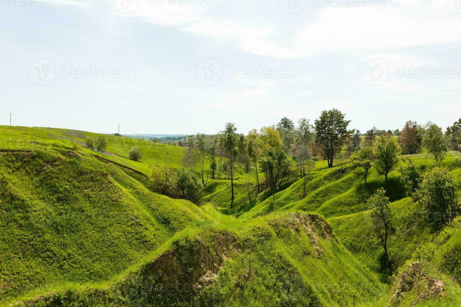 Spring photography, meadows, fields, ravines, hills, rural landscape. A deep, narrow gorge with steep slopes. A naturally raised area of land, not as high or craggy as a mountain. photo