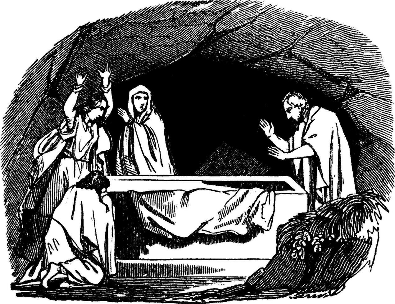 Peter Finds the Tomb of Jesus Empty vintage illustration. vector