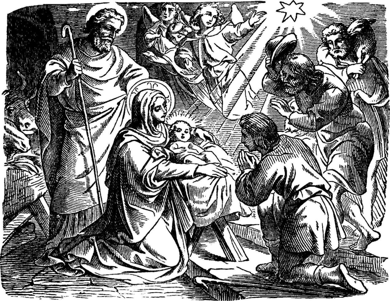 The Adoration of the Shepherds at the Birth of Jesus vintage illustration. vector