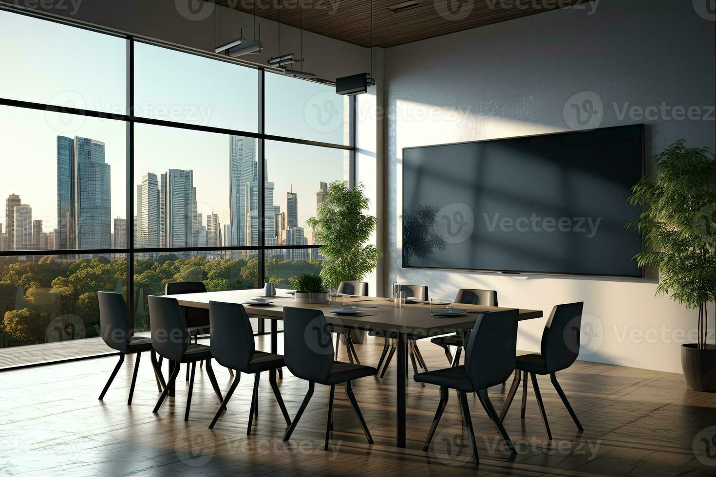 AI Generated Bright and clean office environment abstract background Bright office with plants and large windows. by Generated AI photo