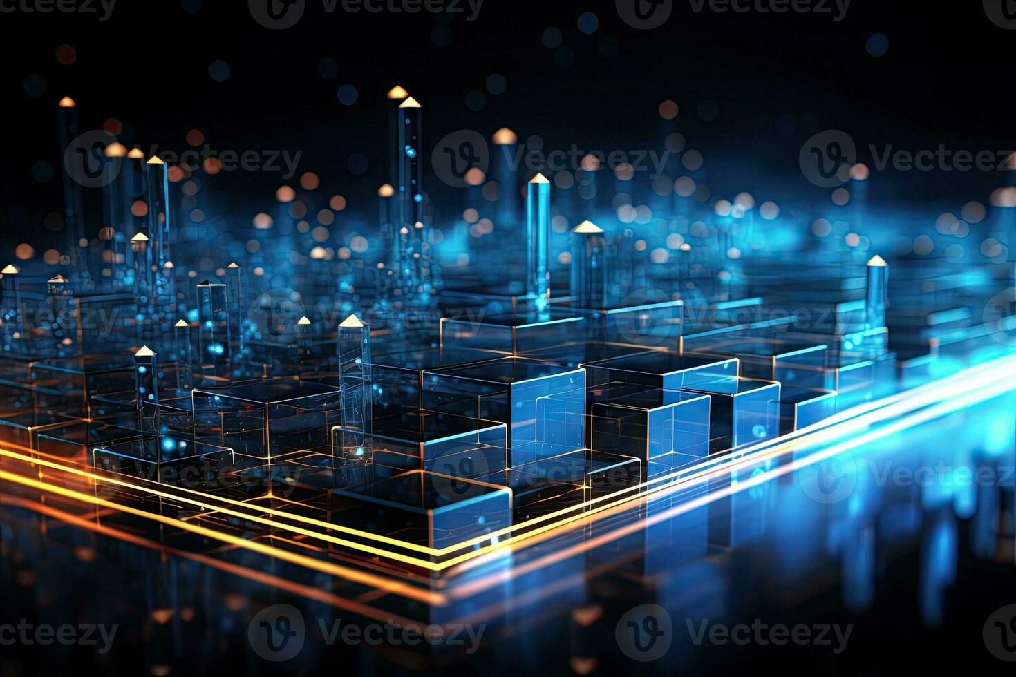 AI Generated Futuristic blue hexagon background science illustration HUD components Technology concept. 3D landscape. Big data future abstract background. photo