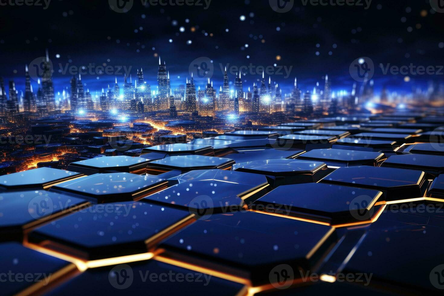 AI Generated Futuristic blue hexagon background science illustration HUD components Technology concept. 3D landscape. Big data future abstract background. photo