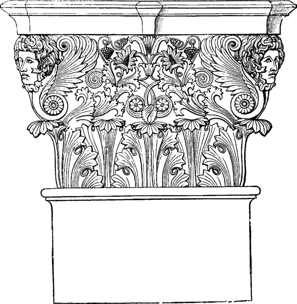 Corinthian Capital, support,  vintage engraving. vector