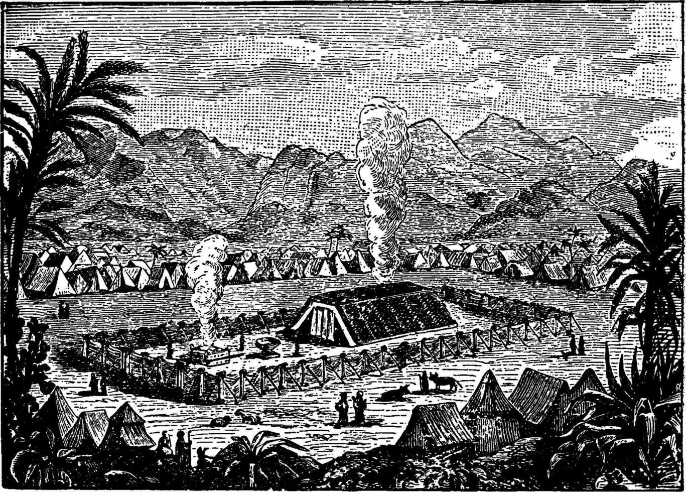 The Tabernacle - Aerial View with the Israelite Camp in the Background vintage illustration. vector