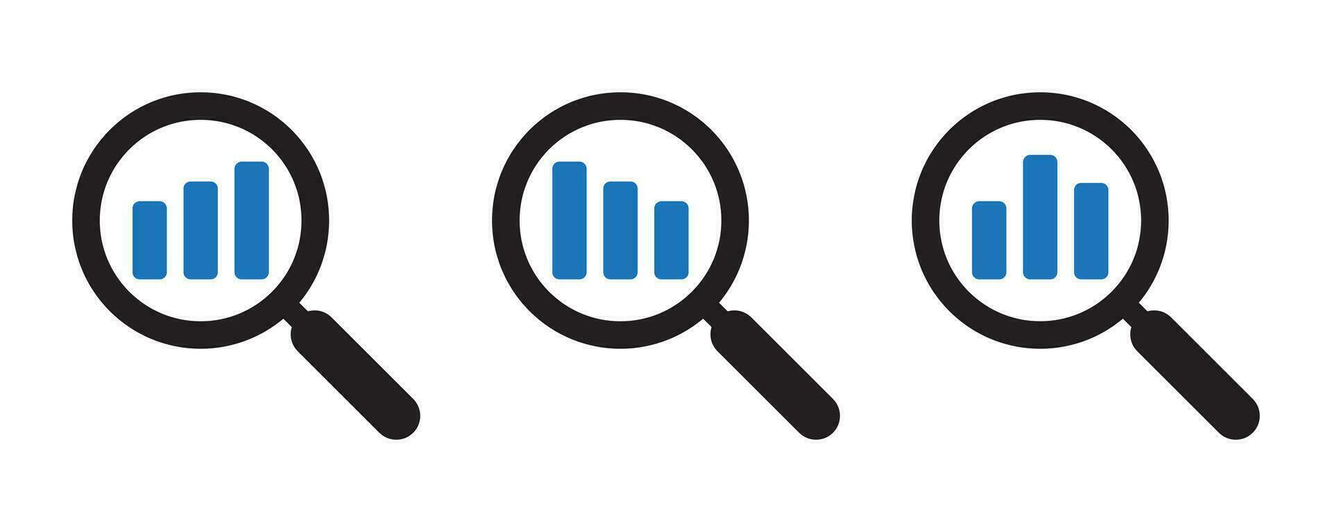 Set of analytic icon. Finance monitoring. Analysis and statistics data sign. Magnifying glass with bar graph. Vector Illustration.