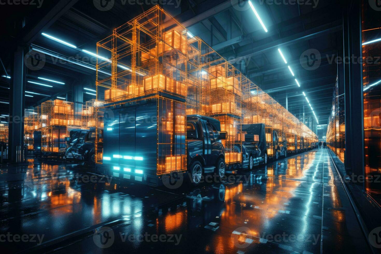 AI Generated A cargo transport robot is parked on the floor near shelves with merchandise in a spacious warehouse that is lit at night. by Generative AI photo