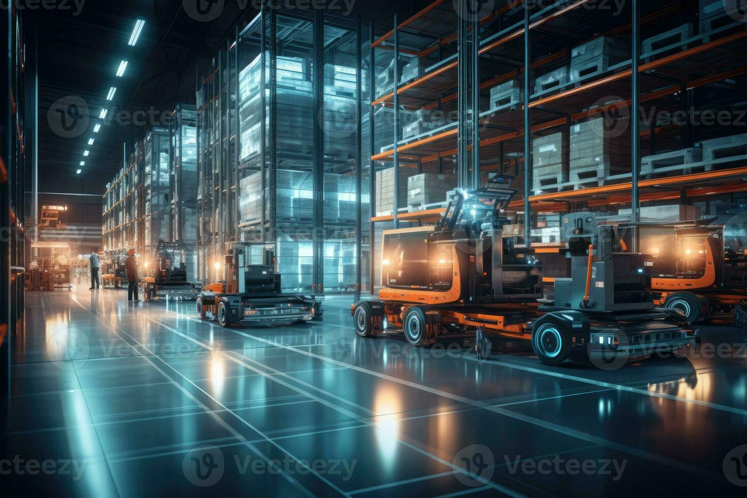 AI Generated A cargo transport robot is parked on the floor near shelves with merchandise in a spacious warehouse that is lit at night. by Generative AI photo