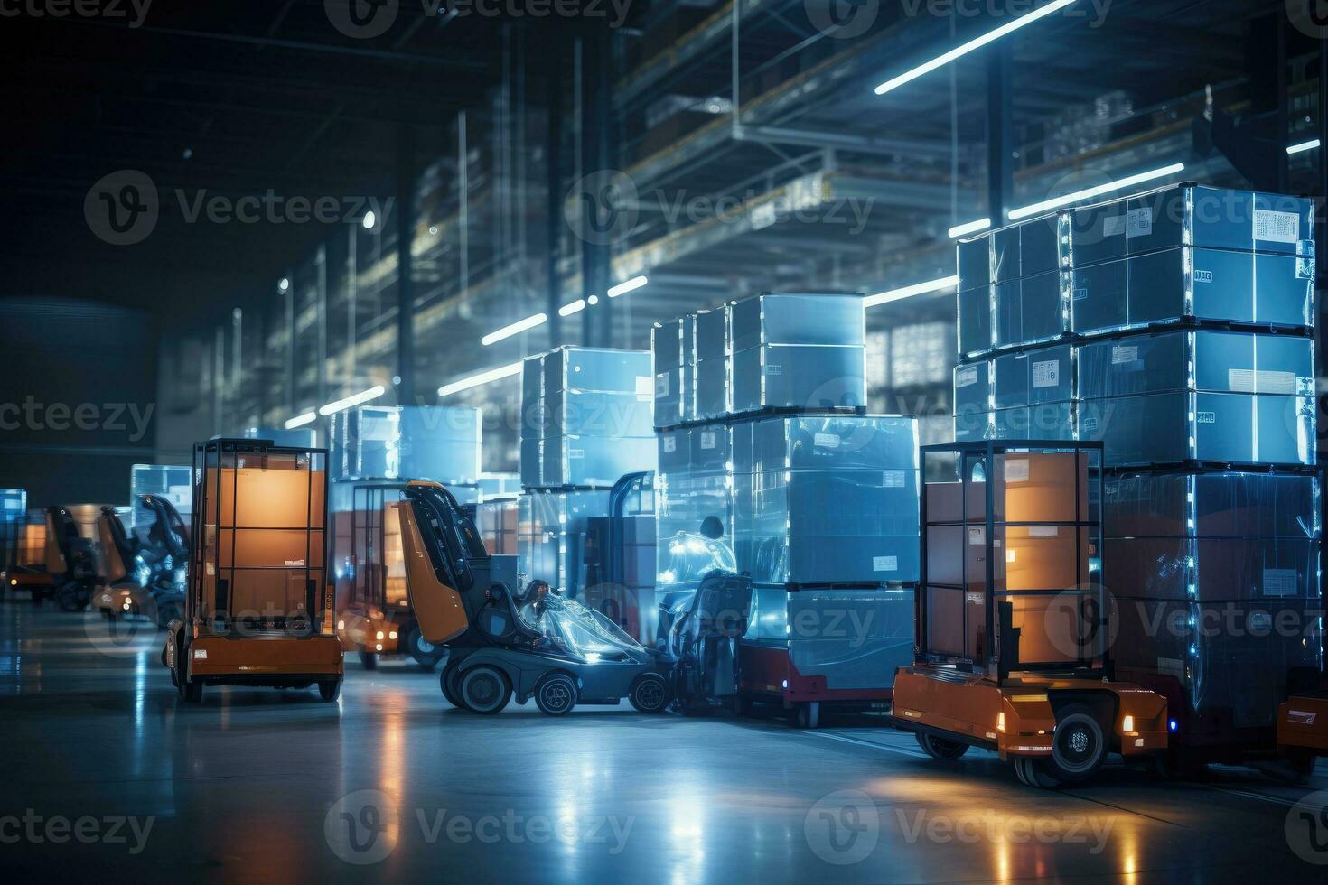 AI Generated A cargo transport robot is parked on the floor near shelves with merchandise in a spacious warehouse that is lit at night. by Generative AI photo