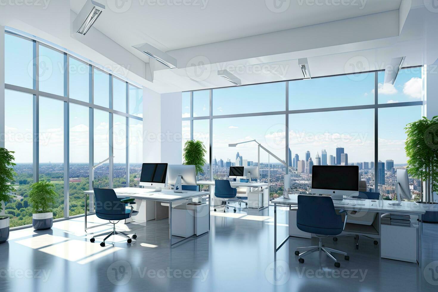 AI Generated Bright and clean office environment abstract background Bright office with plants and large windows. by Generated AI photo