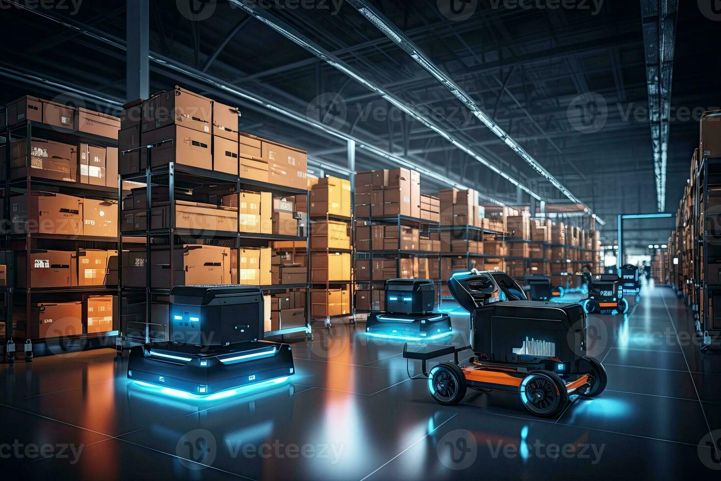 AI Generated A cargo transport robot is parked on the floor near shelves with merchandise in a spacious warehouse that is lit at night. by Generative AI photo