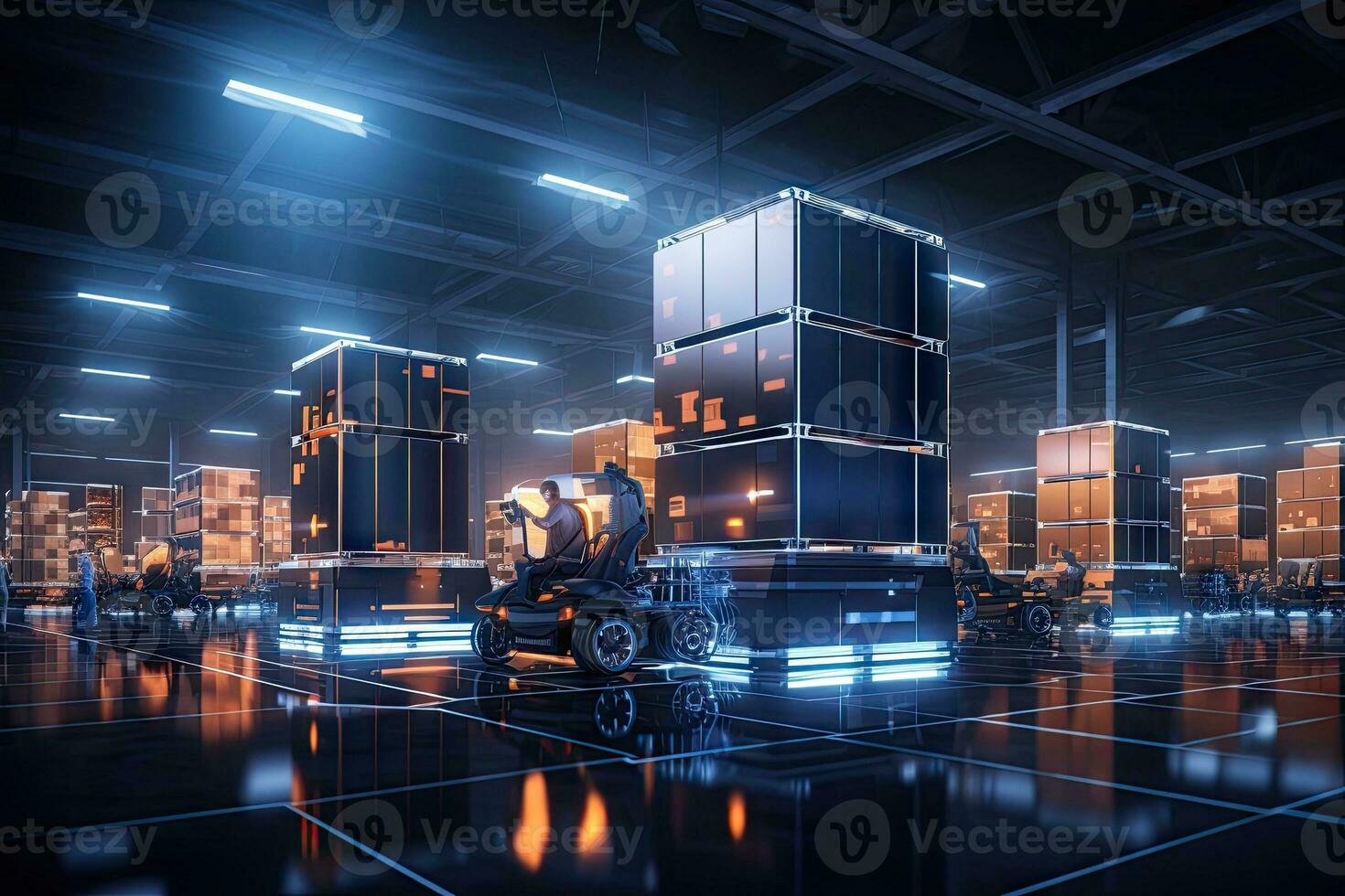 AI Generated A cargo transport robot is parked on the floor near shelves with merchandise in a spacious warehouse that is lit at night. by Generative AI photo