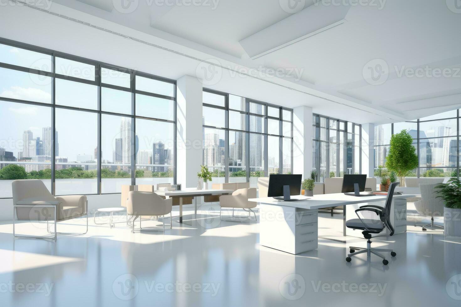 AI Generated Bright and clean office environment abstract background Bright office with plants and large windows. by Generated AI photo