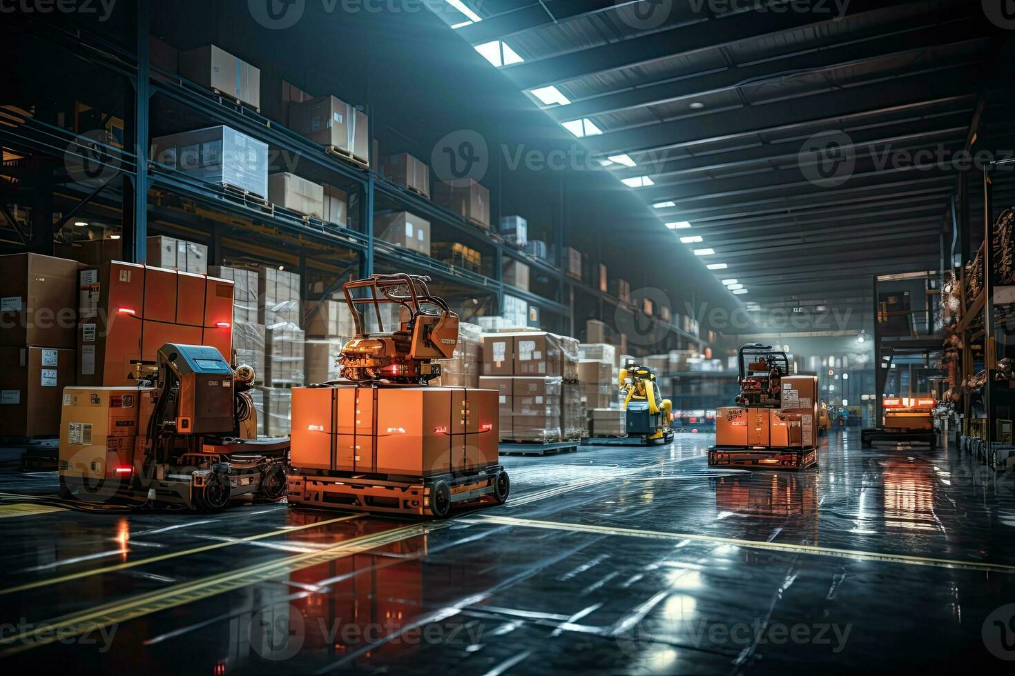 AI Generated A cargo transport robot is parked on the floor near shelves with merchandise in a spacious warehouse that is lit at night. by Generative AI photo