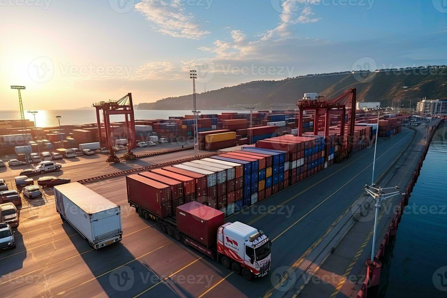 AI Generated An image depicting logistics with a container truck, ship in port, and airplane for import export industry.by Generative AI photo