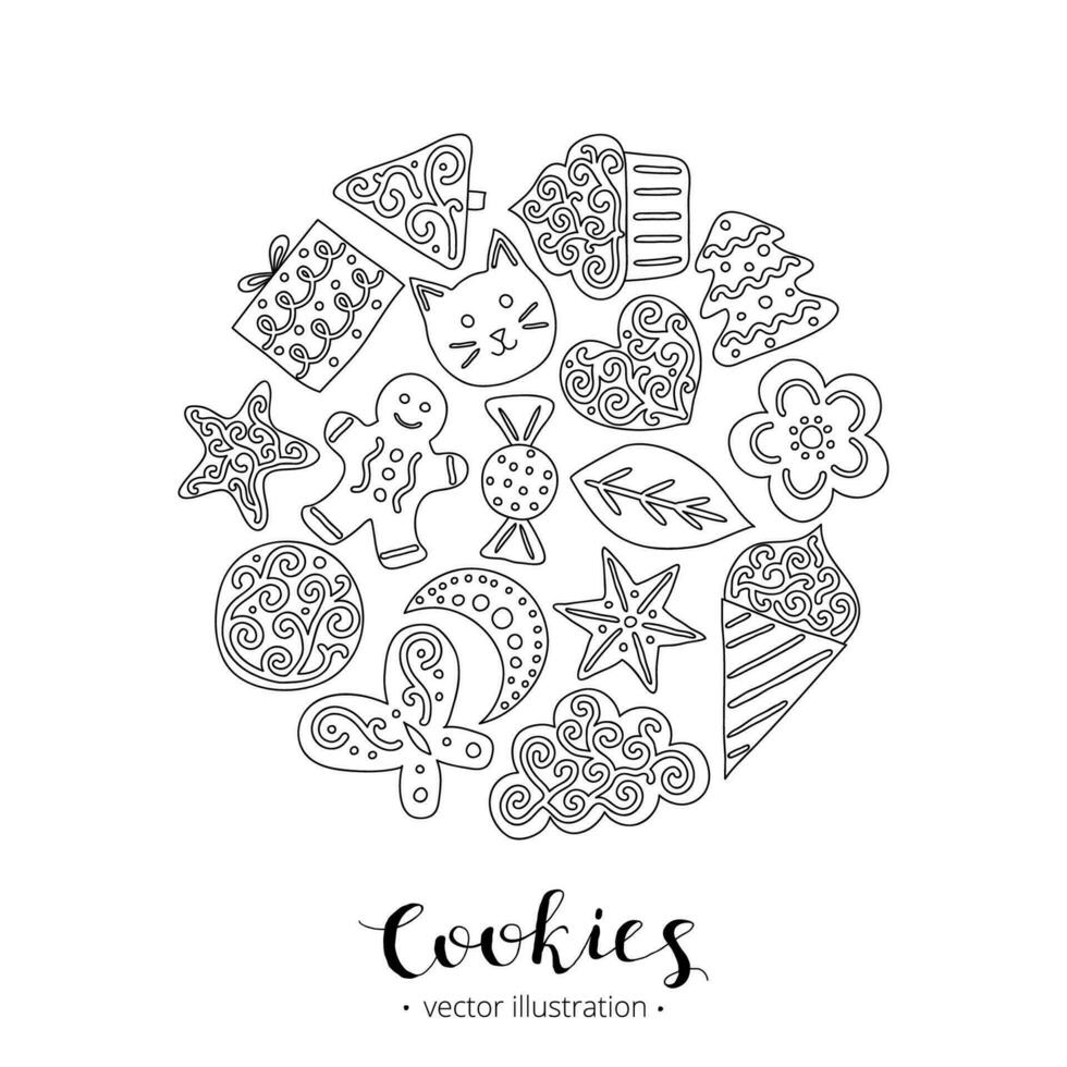 Hand drawn cute cookies in circle. vector